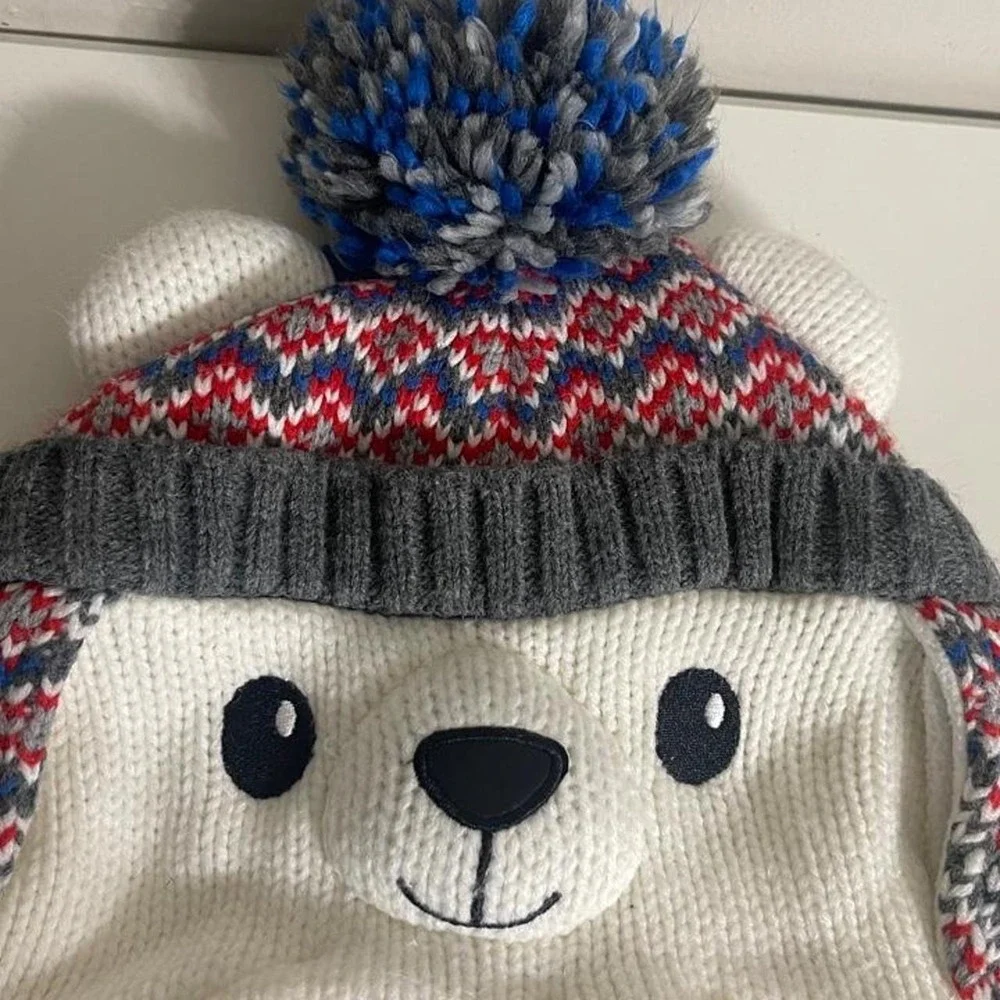Children's Place Kids White polar bear earflap multi color knit pattern pom pom